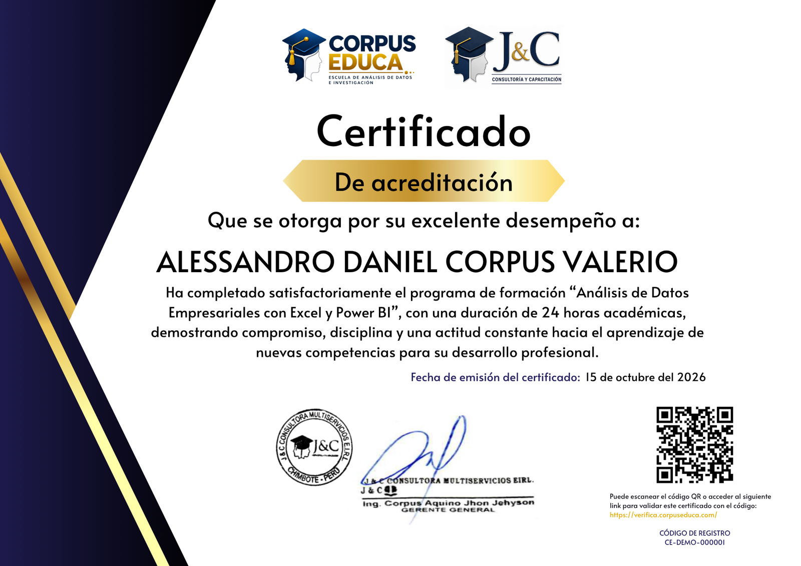 Certificado Corpus Educa con elementos de verificación
