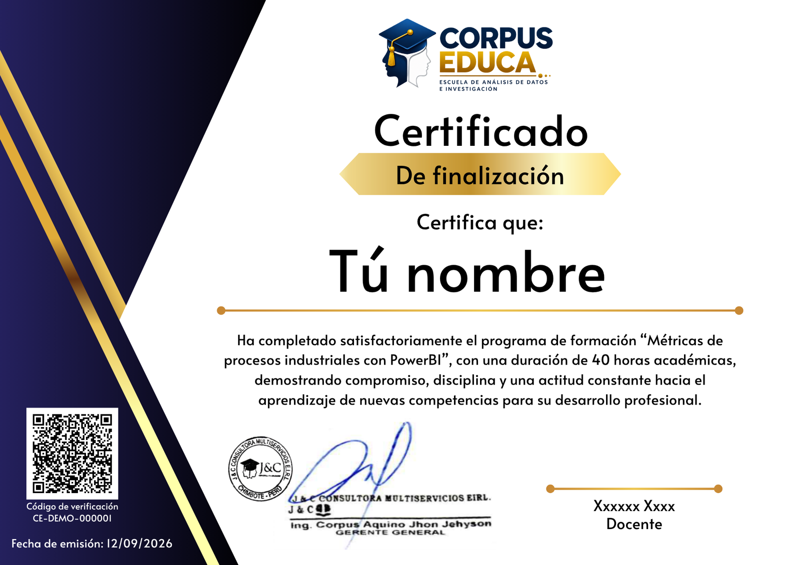 Modelo de certificado Corpus Educa